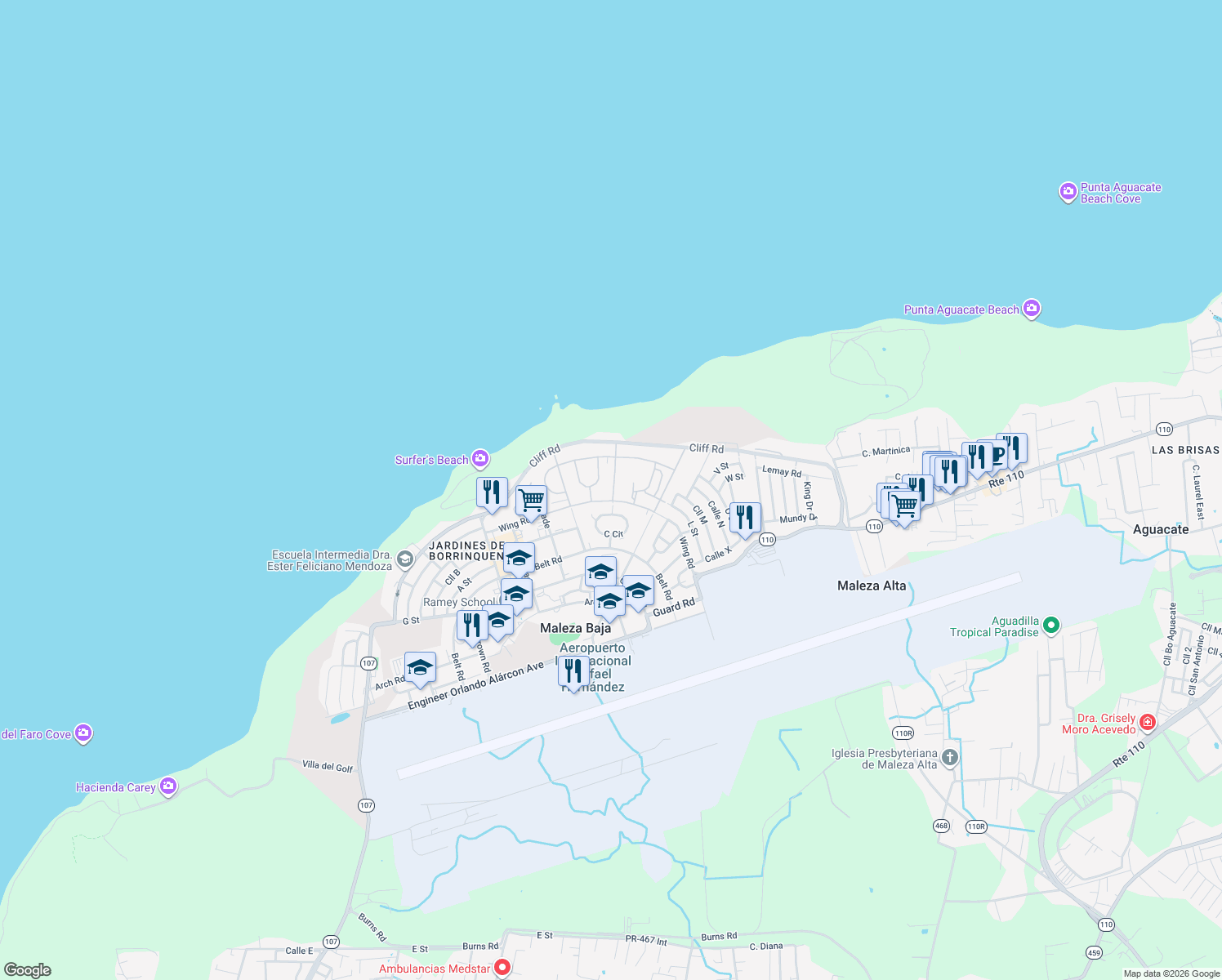 map of restaurants, bars, coffee shops, grocery stores, and more near 150-226 6th Street in Aguadilla Pueblo