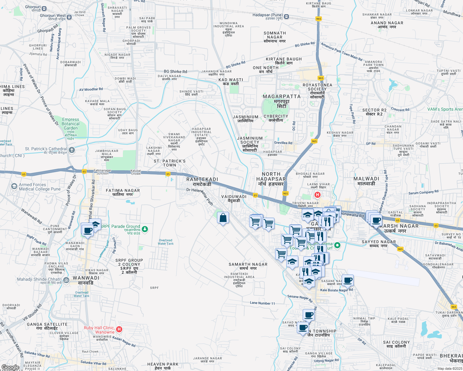 map of restaurants, bars, coffee shops, grocery stores, and more near Pune - Solapur Road in Pune
