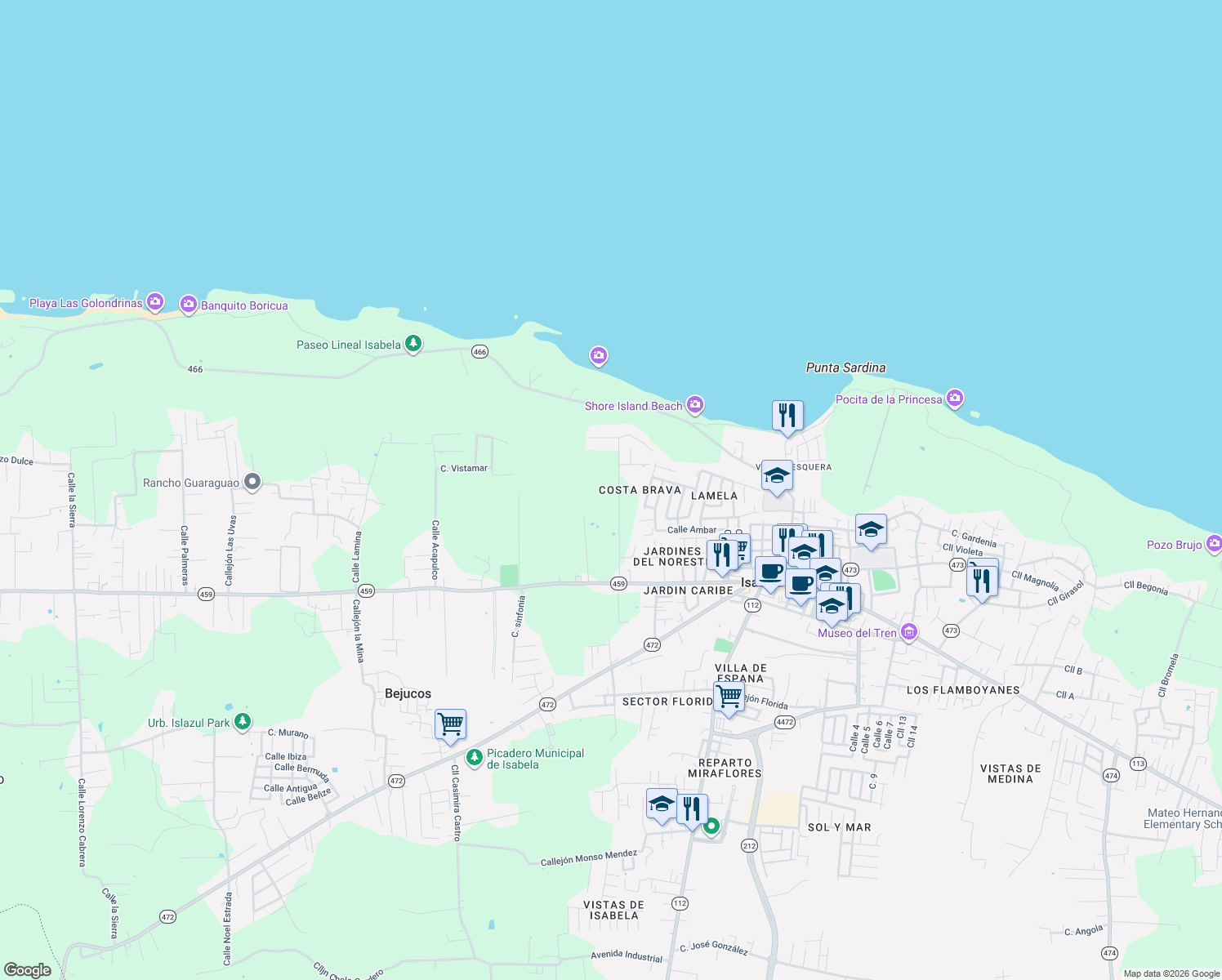 map of restaurants, bars, coffee shops, grocery stores, and more near Avenida Manuela Lamela Abreu in Isabela