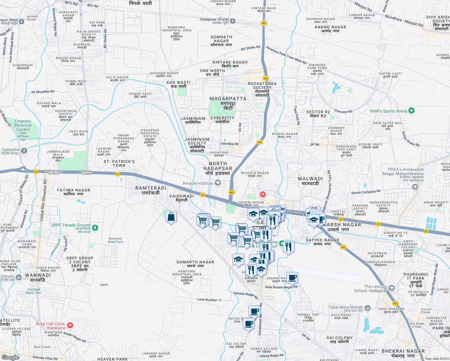 map of restaurants, bars, coffee shops, grocery stores, and more near Bypass Road in Pune