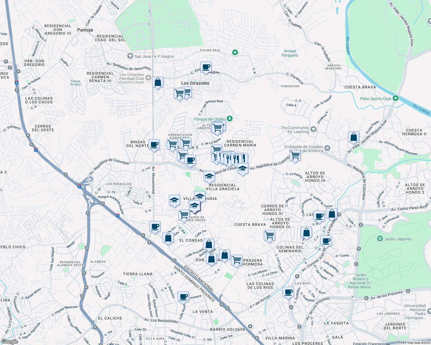 map of restaurants, bars, coffee shops, grocery stores, and more near Av República de Colombia in Santo Domingo