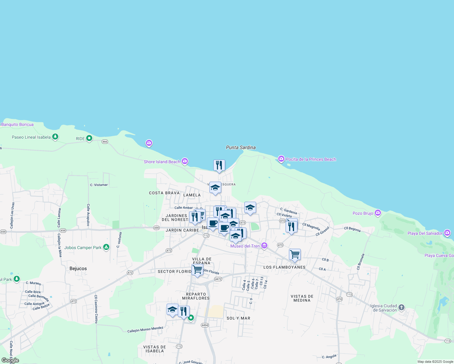 map of restaurants, bars, coffee shops, grocery stores, and more near Calle Antonio Nieves in Isabela