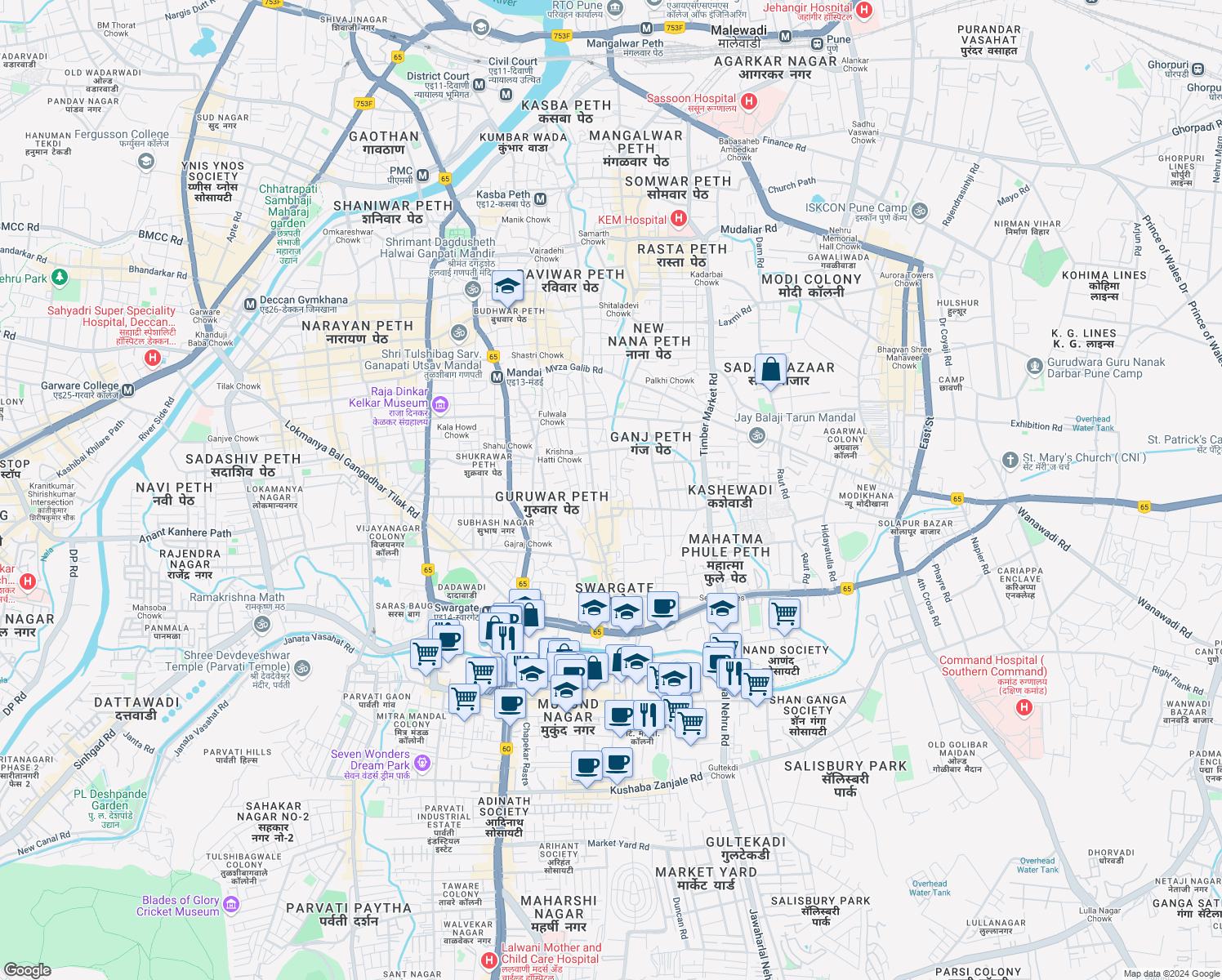 map of restaurants, bars, coffee shops, grocery stores, and more near Savitribai Phule Road in Pune