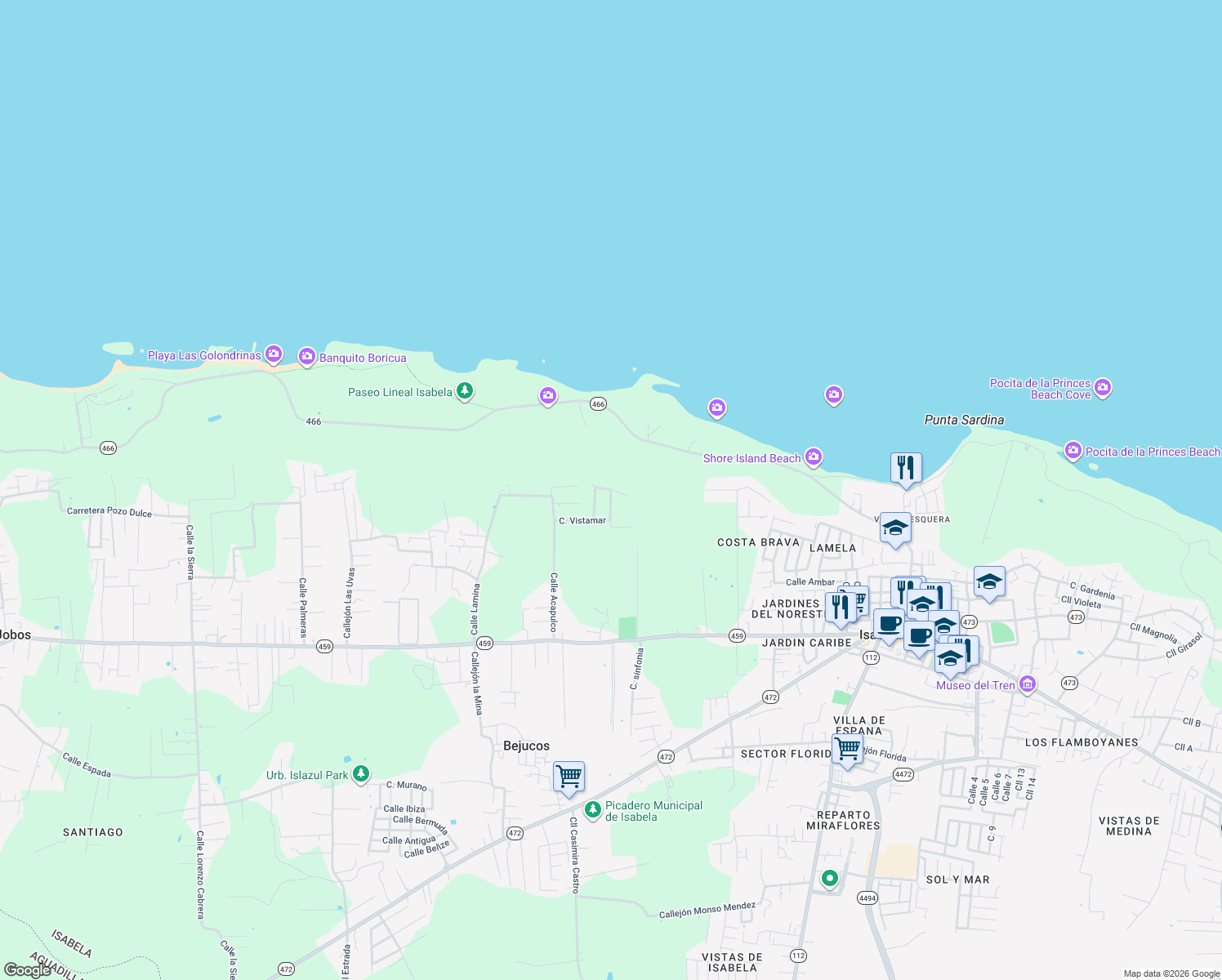 map of restaurants, bars, coffee shops, grocery stores, and more near Calle Reef in Bejucos