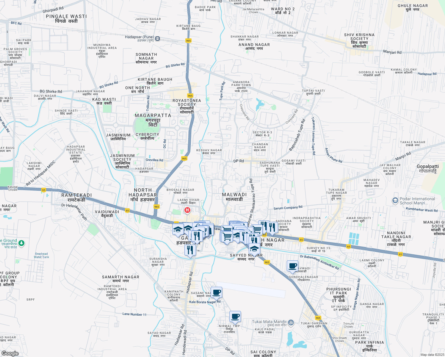map of restaurants, bars, coffee shops, grocery stores, and more near Malwadi Road in Pune