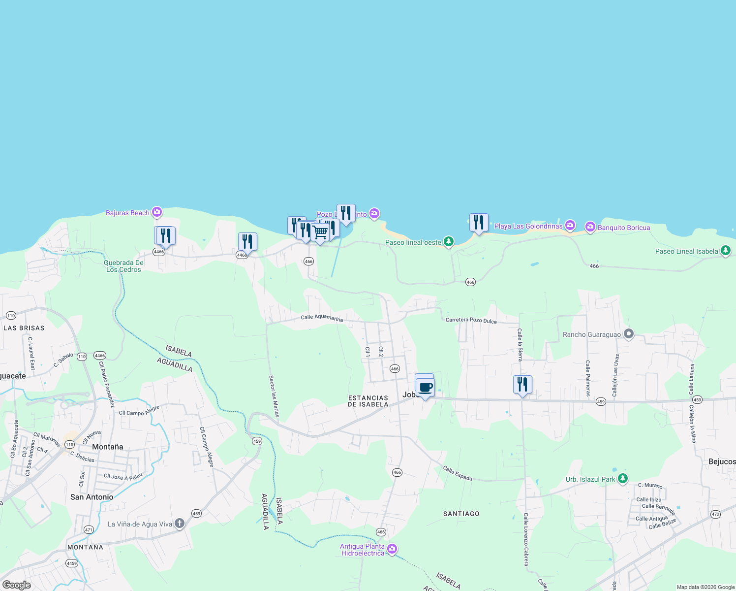 map of restaurants, bars, coffee shops, grocery stores, and more near Puerto Rico 466 in Isabela