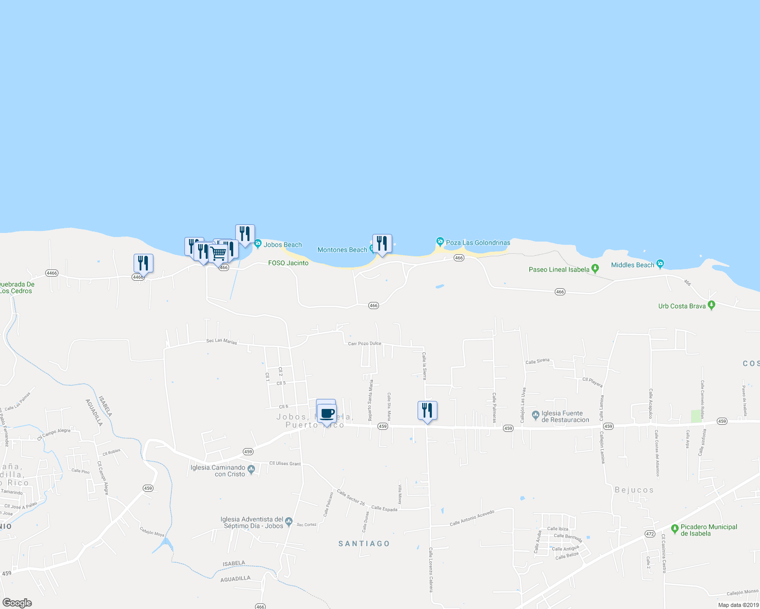 map of restaurants, bars, coffee shops, grocery stores, and more near Puerto Rico 466 in Isabela