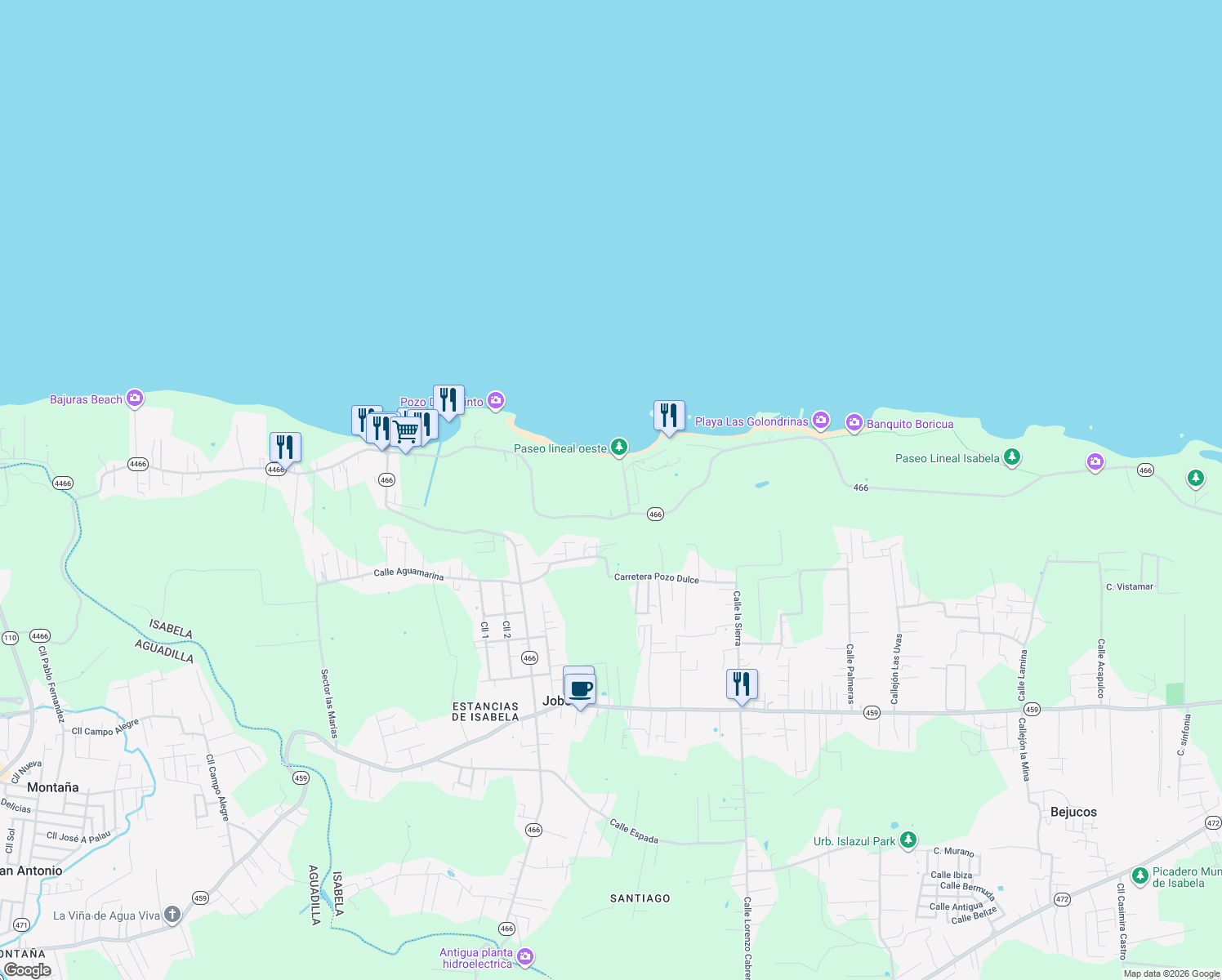 map of restaurants, bars, coffee shops, grocery stores, and more near Puerto Rico 466 in Isabela