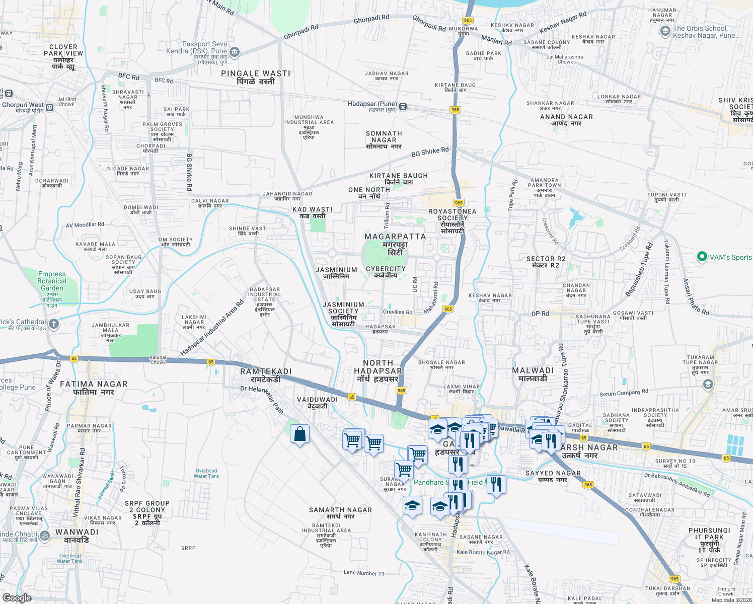 map of restaurants, bars, coffee shops, grocery stores, and more near Slip Road to Tower-3/4 in Pune