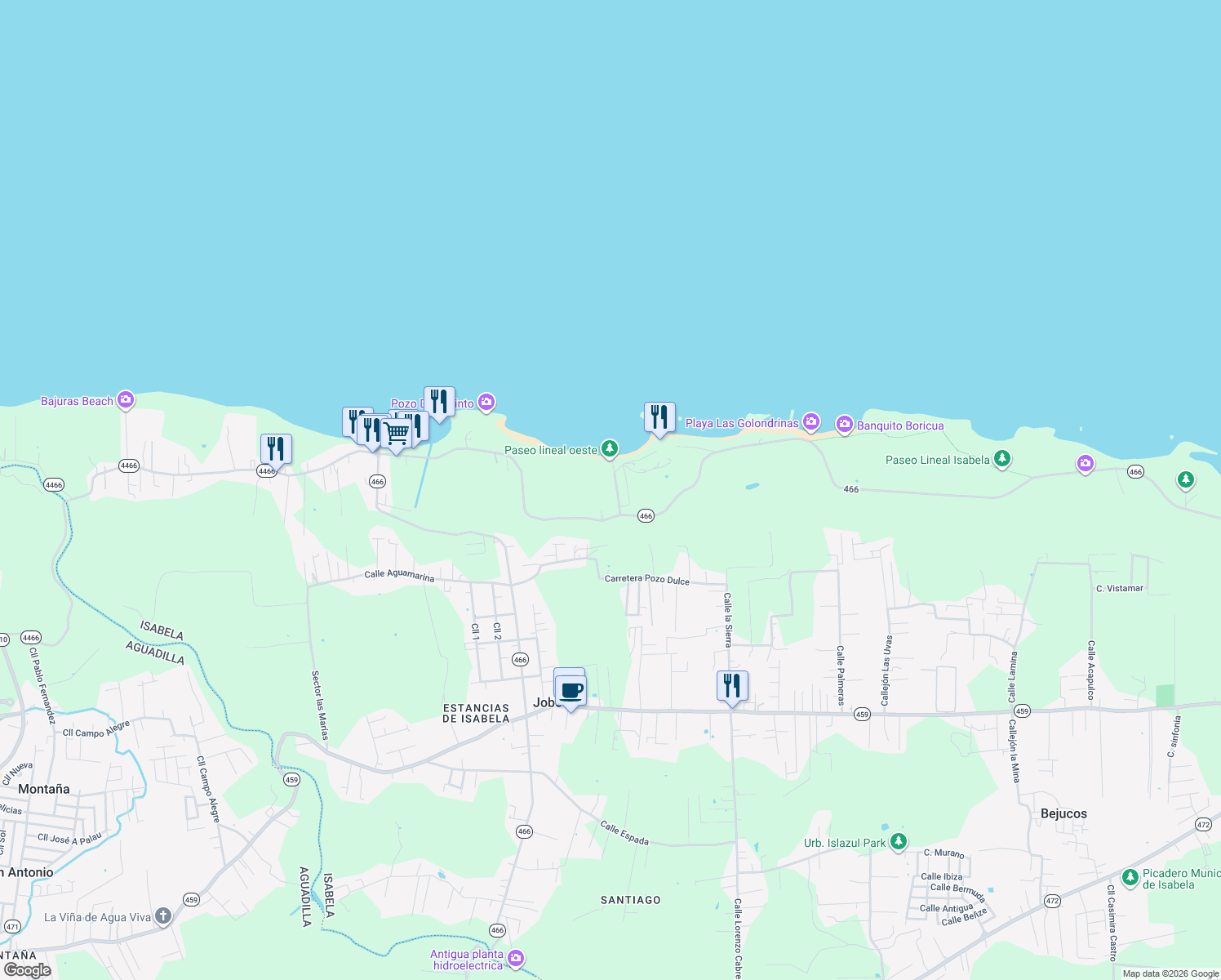 map of restaurants, bars, coffee shops, grocery stores, and more near Puerto Rico 466 in Isabela