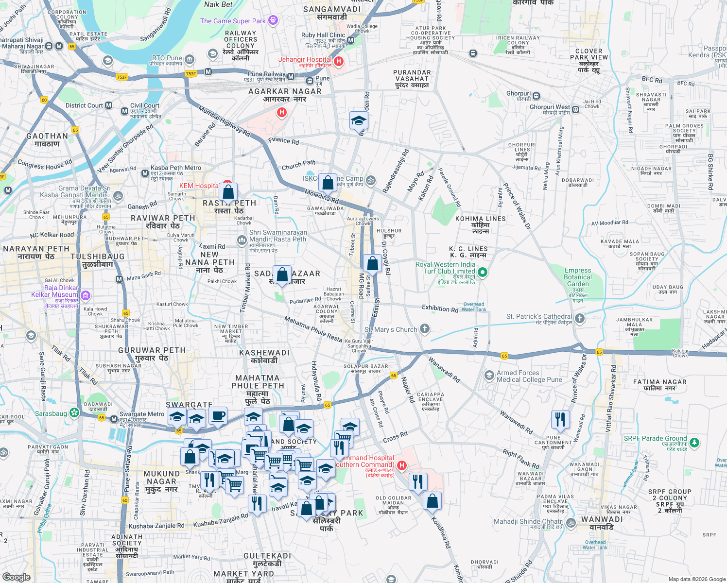 map of restaurants, bars, coffee shops, grocery stores, and more near 80 Mahatma Gandhi Road in Pune