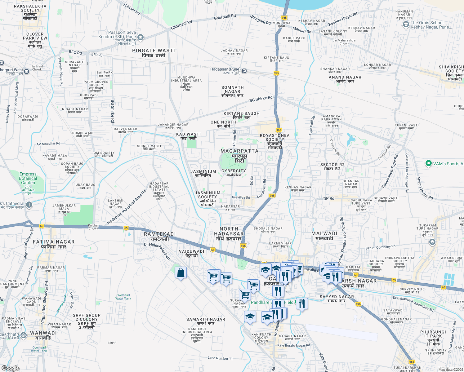 map of restaurants, bars, coffee shops, grocery stores, and more near Slip Road to Tower-3/4 in Pune