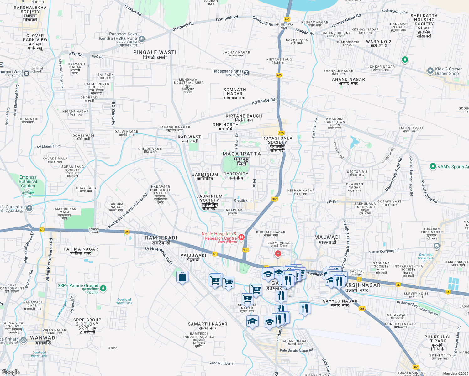map of restaurants, bars, coffee shops, grocery stores, and more near Slip Road to Tower-3/4 in Pune