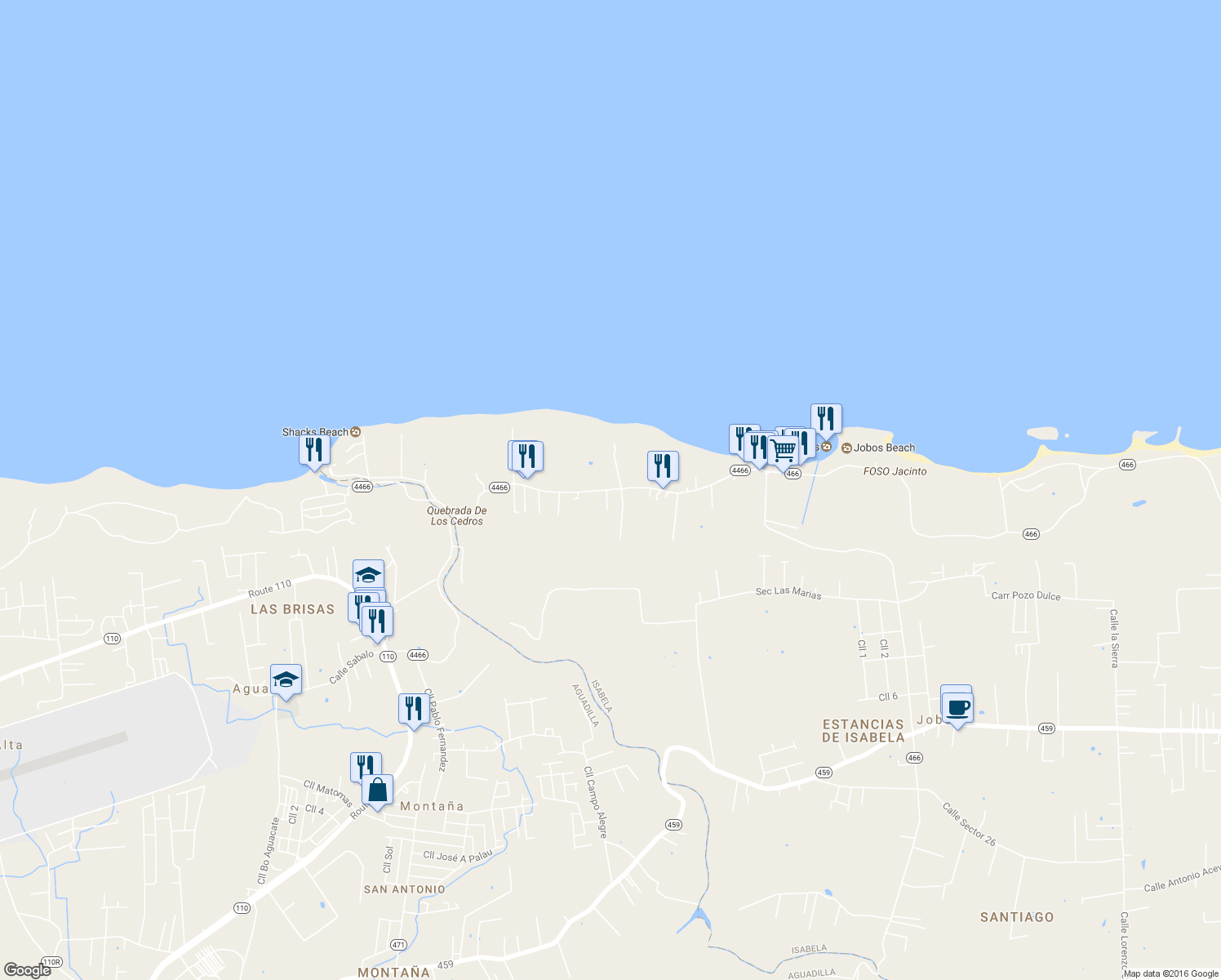 map of restaurants, bars, coffee shops, grocery stores, and more near Puerto Rico 4466 in Bajura