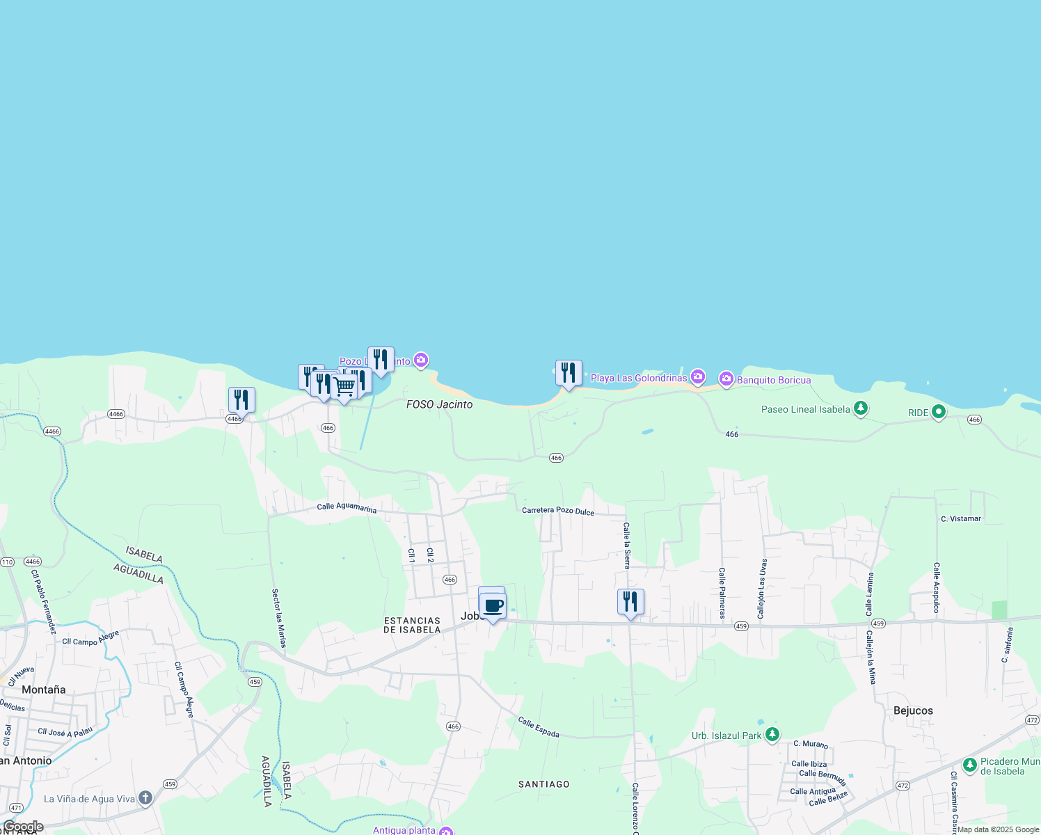 map of restaurants, bars, coffee shops, grocery stores, and more near Puerto Rico 466 in Isabela