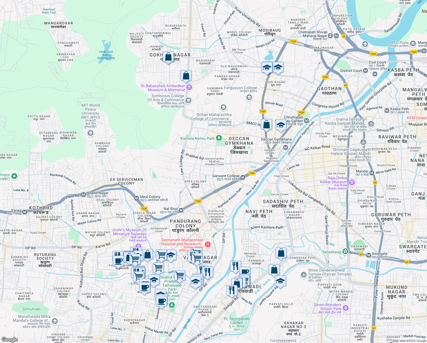 map of restaurants, bars, coffee shops, grocery stores, and more near Doctor Ketkar Road in Pune