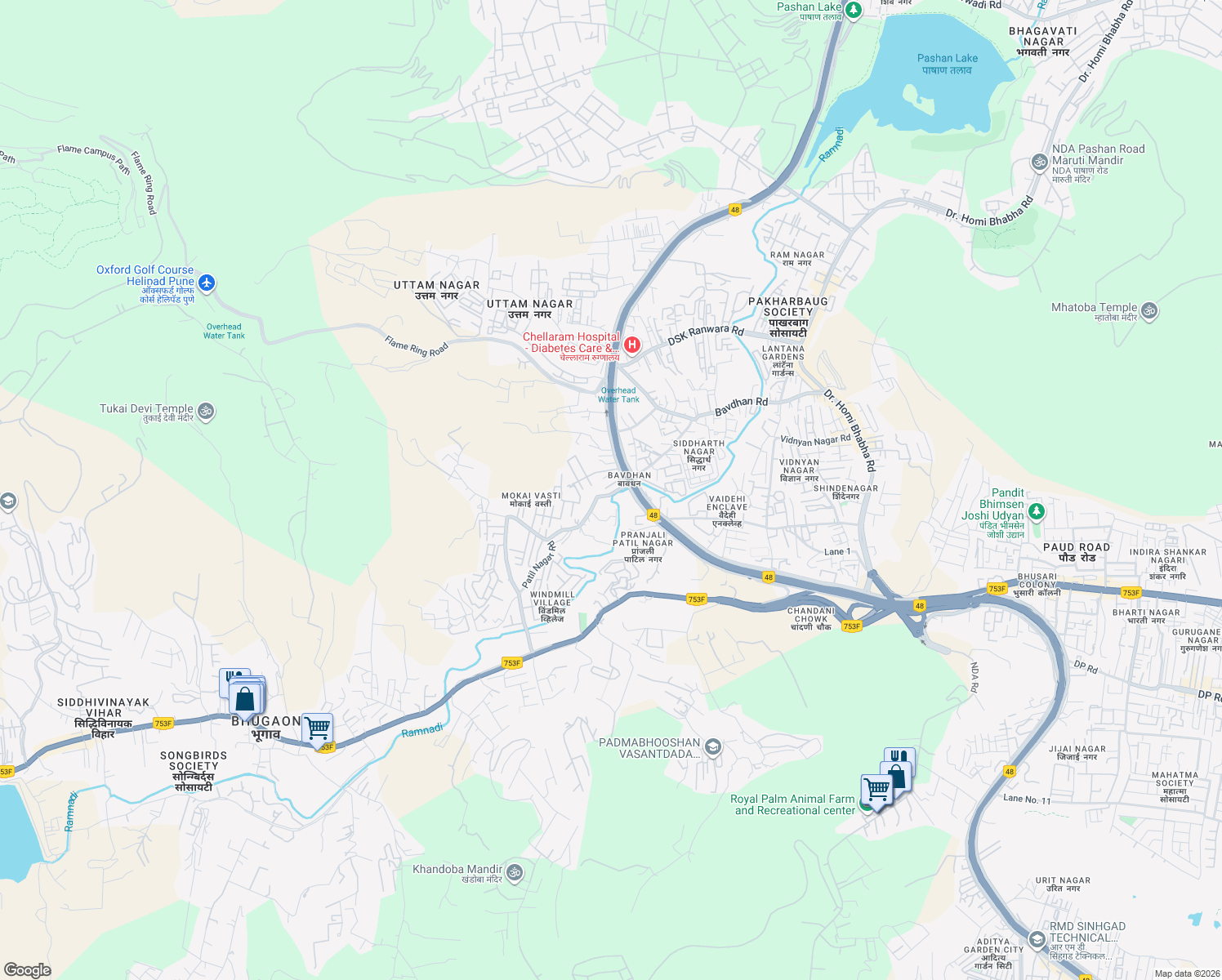 map of restaurants, bars, coffee shops, grocery stores, and more near 1 Mumbai Pune Bypass Road in Pune