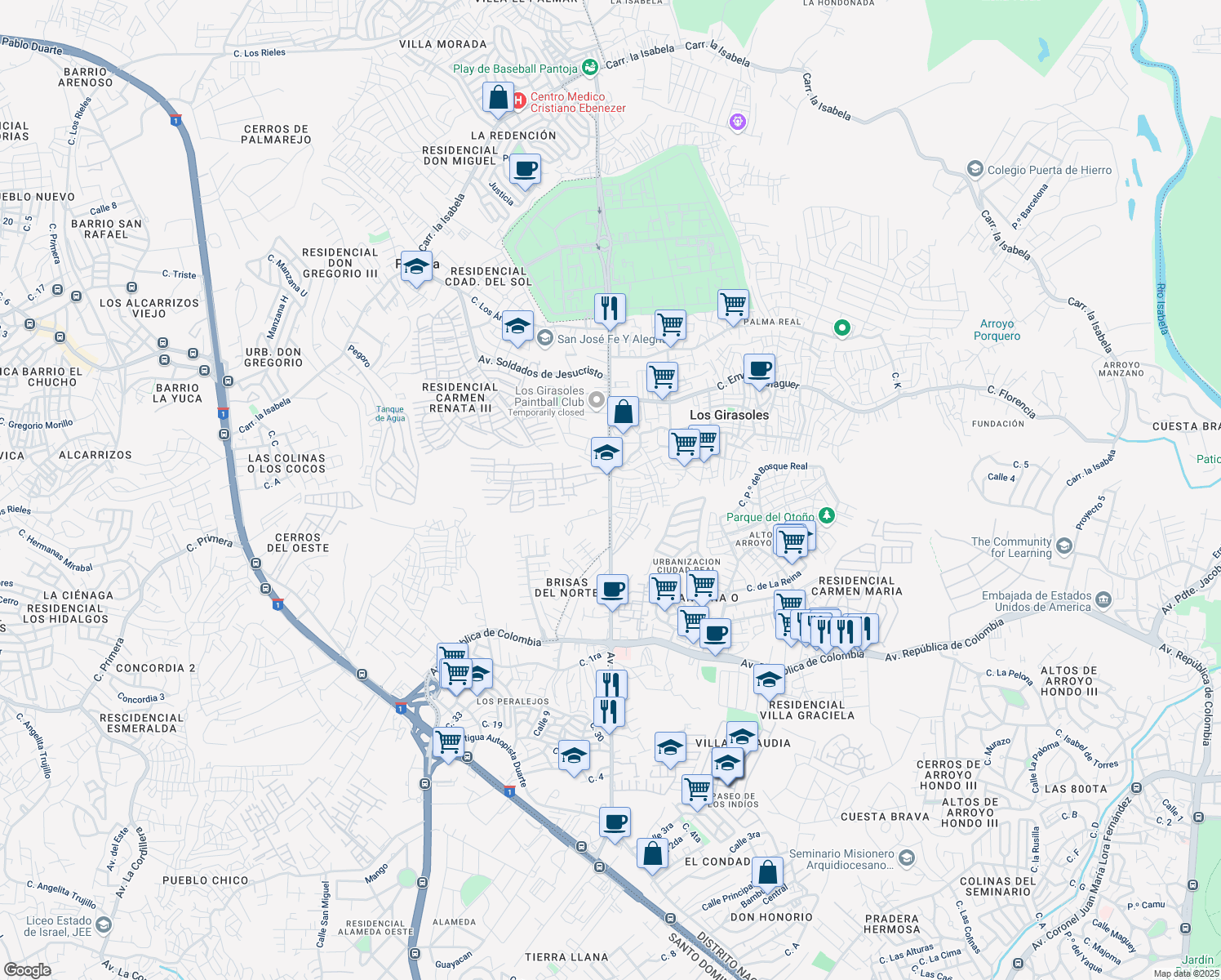 map of restaurants, bars, coffee shops, grocery stores, and more near Avenida Monumental in Santo Domingo