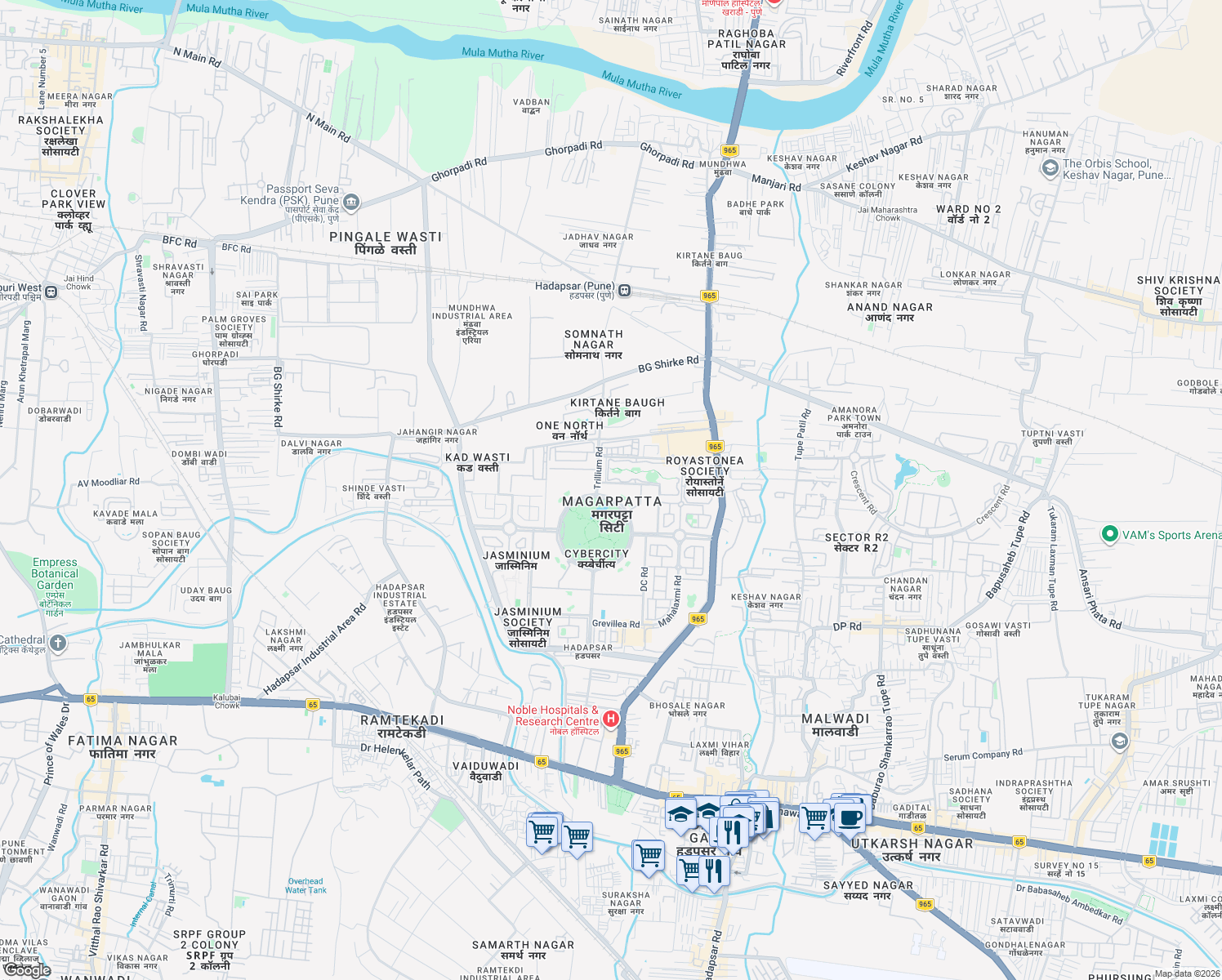 map of restaurants, bars, coffee shops, grocery stores, and more near Magarpatta Inner Circle in Pune