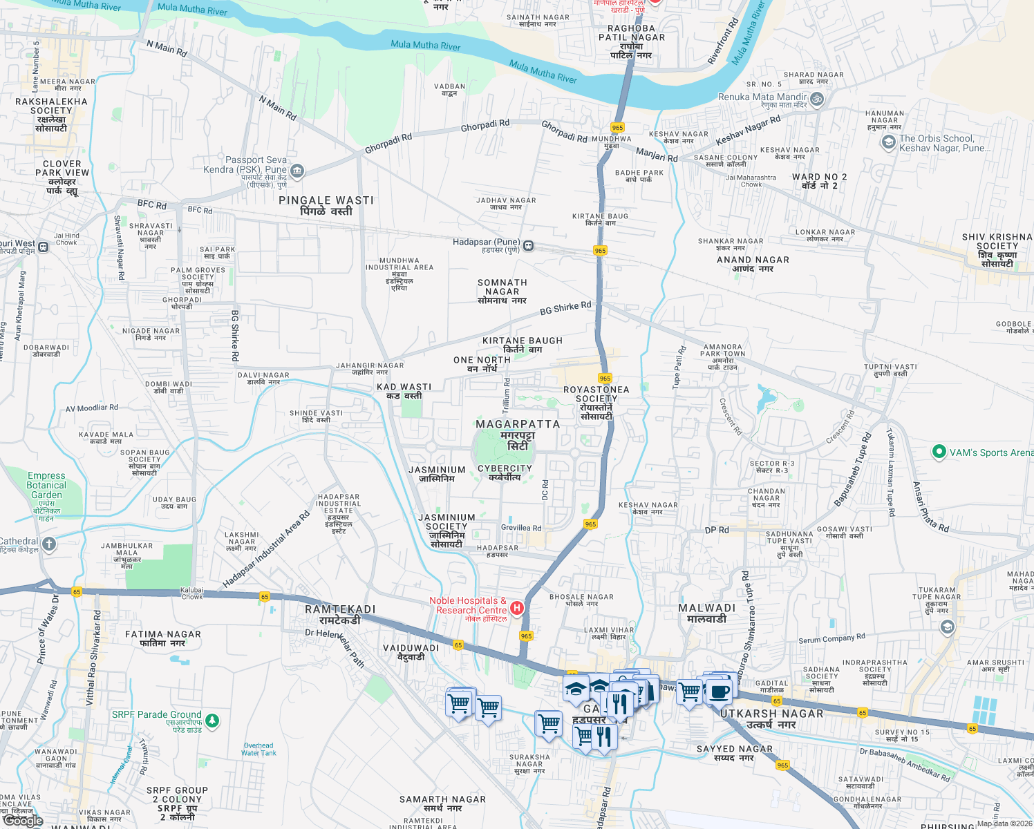 map of restaurants, bars, coffee shops, grocery stores, and more near Magarpatta Inner Circle in Pune