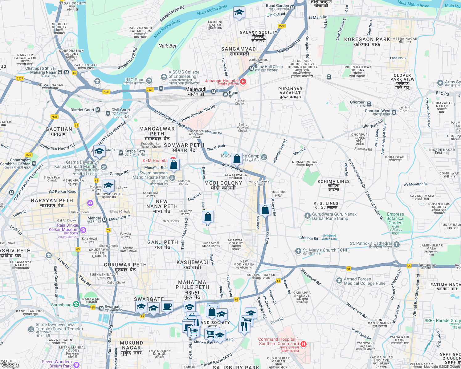 map of restaurants, bars, coffee shops, grocery stores, and more near Synagogue Street in Pune