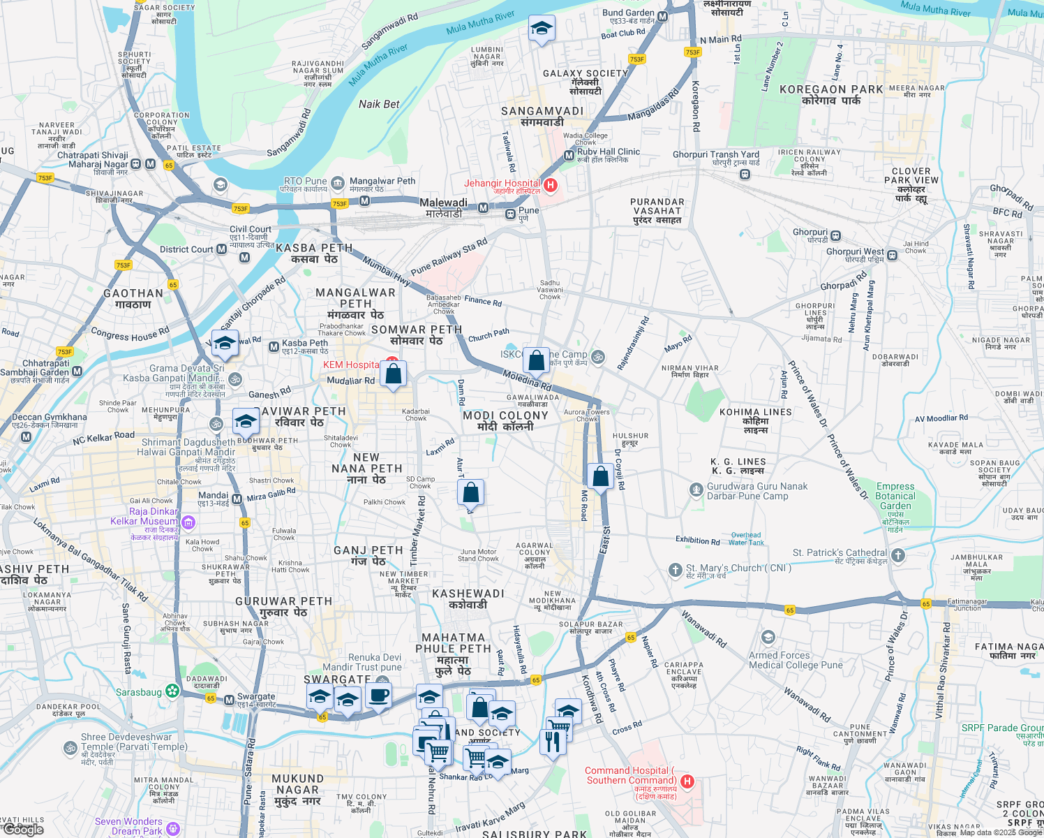 map of restaurants, bars, coffee shops, grocery stores, and more near Synagogue Street in Pune