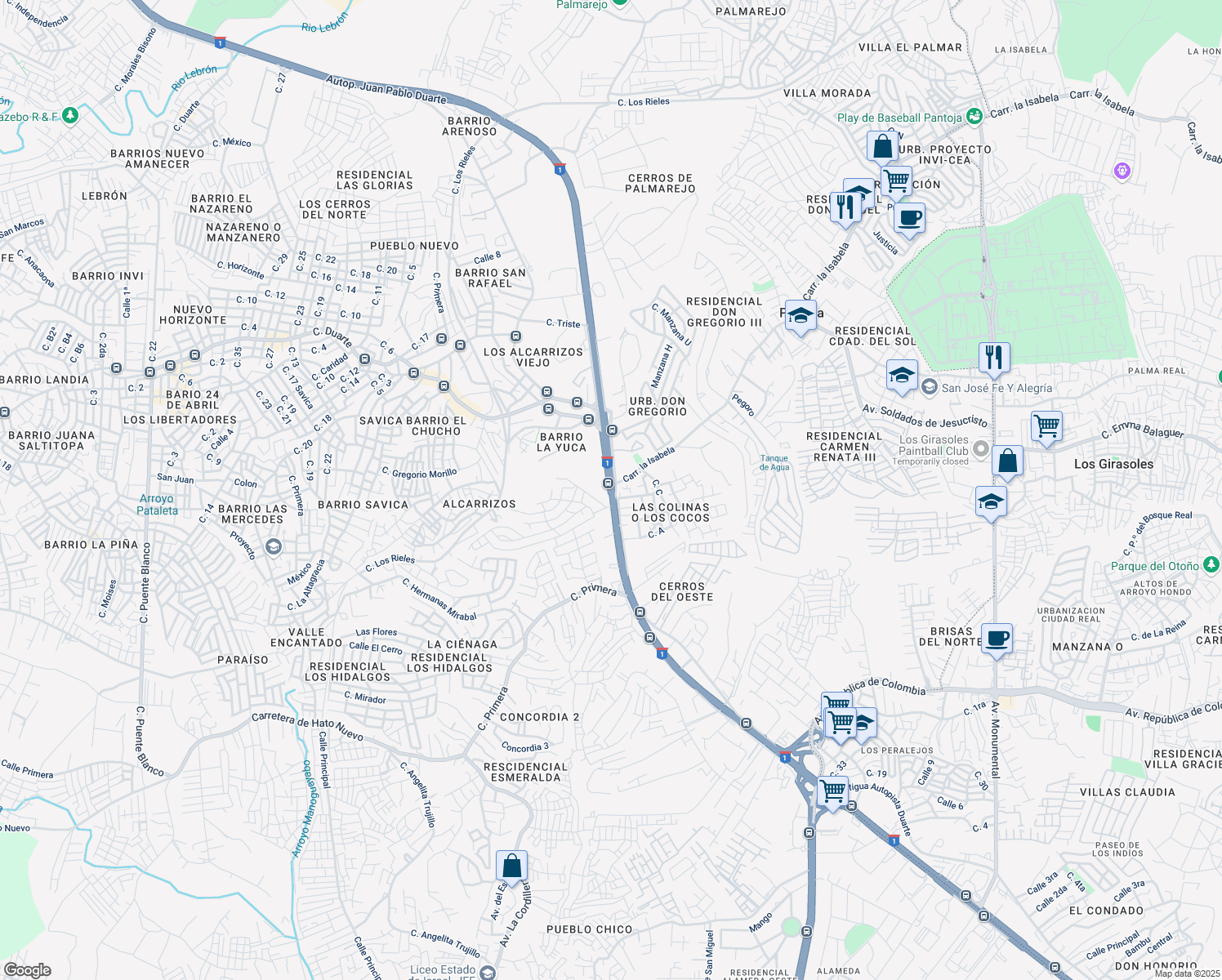 map of restaurants, bars, coffee shops, grocery stores, and more near Autopista Duarte in La Guayiga