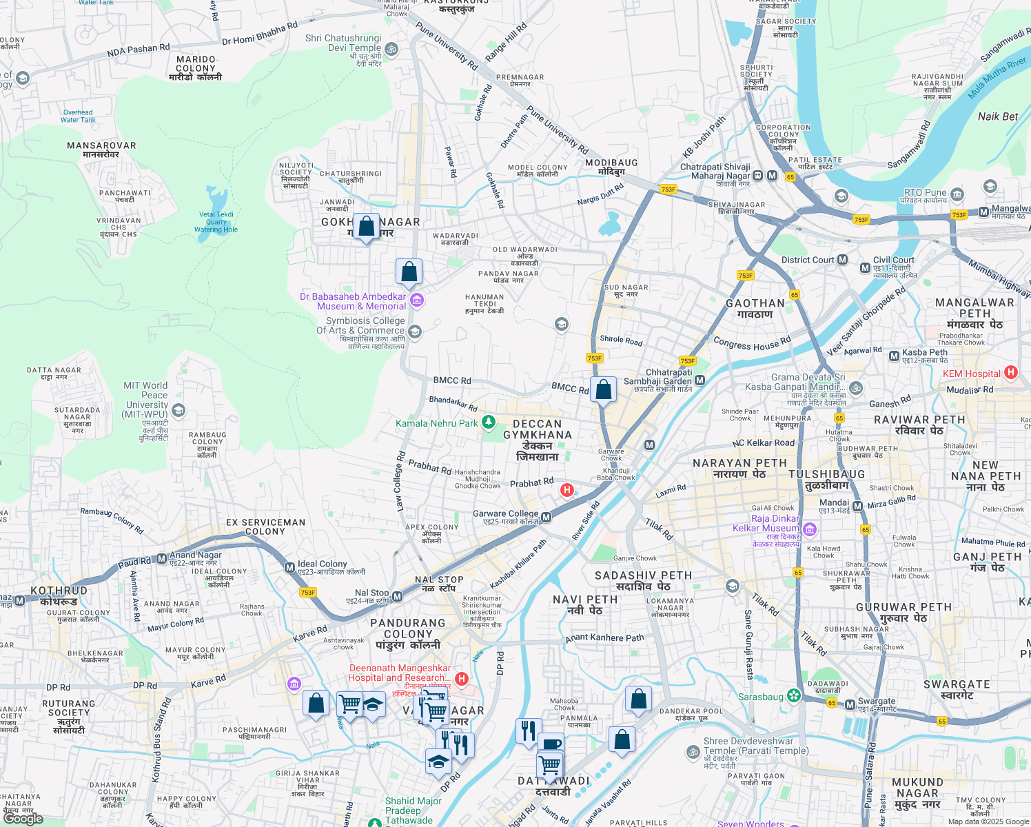 map of restaurants, bars, coffee shops, grocery stores, and more near Bhandarkar Road in Pune