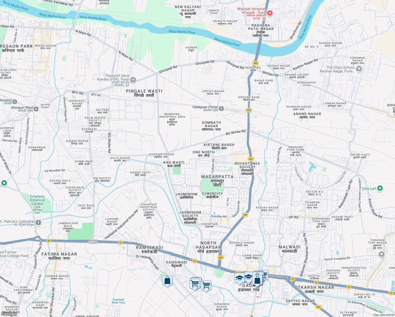 map of restaurants, bars, coffee shops, grocery stores, and more near Magarpatta SEZ Entrance in Pune