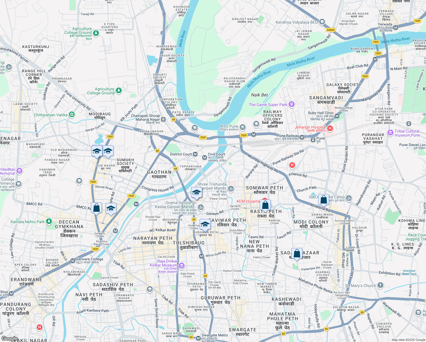 map of restaurants, bars, coffee shops, grocery stores, and more near Veer Santaji Ghorpade Road in Pune