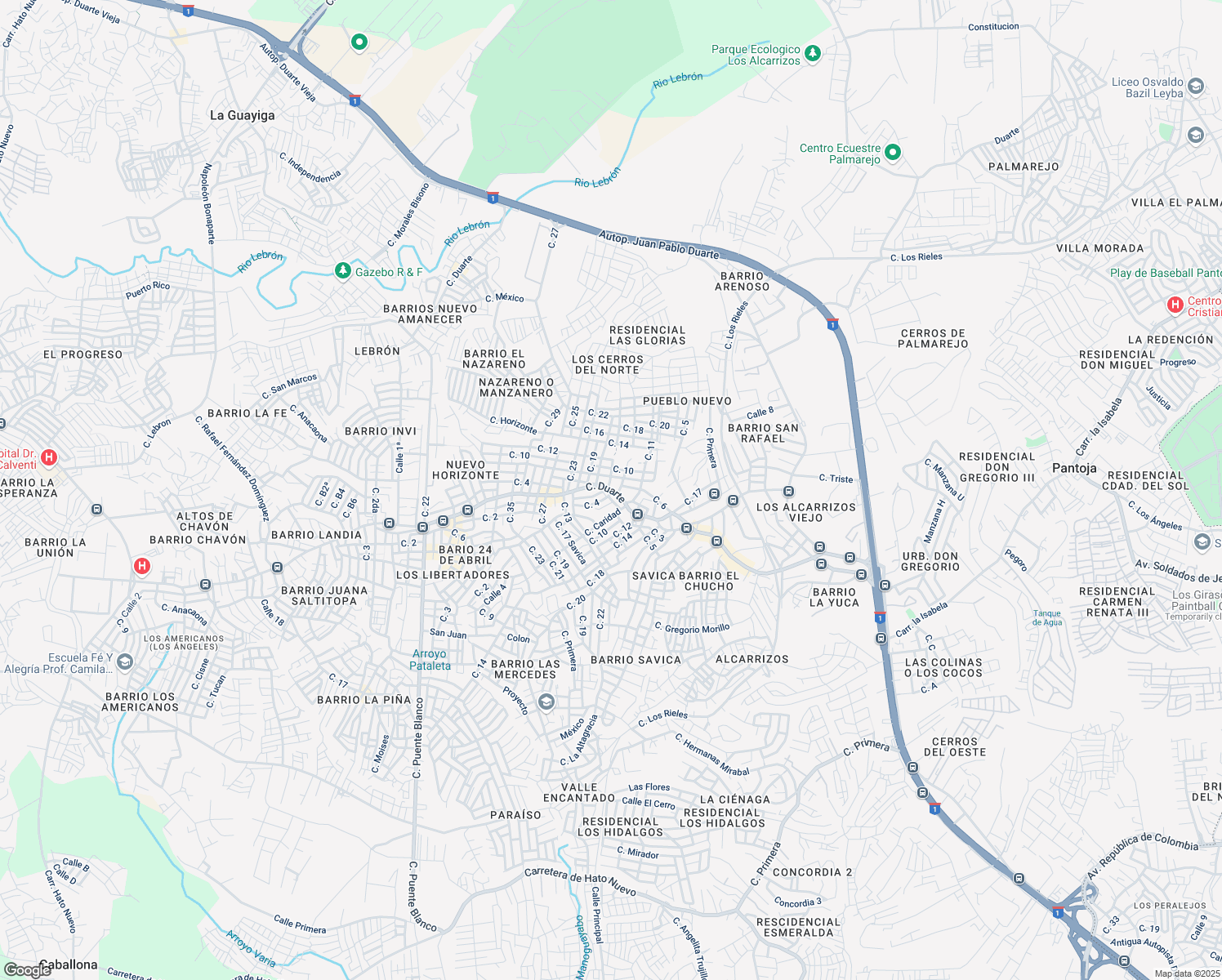 map of restaurants, bars, coffee shops, grocery stores, and more near Calle Duarte in Los Alcarrizos