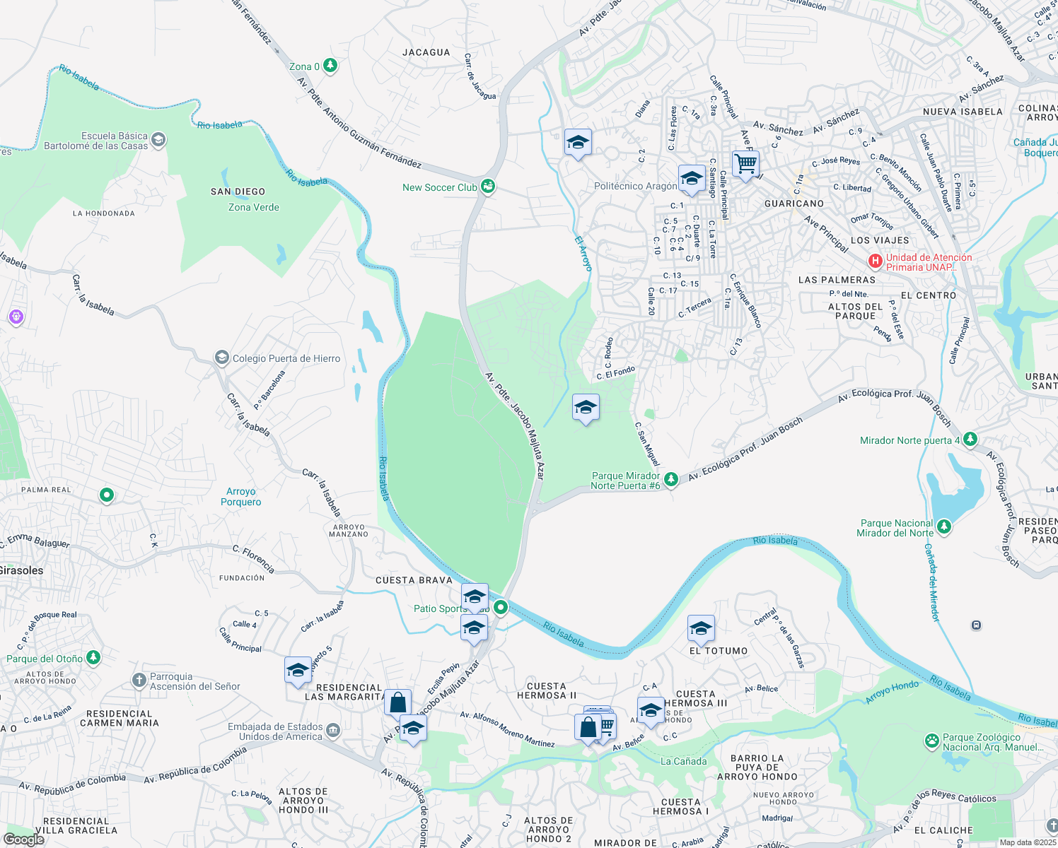 map of restaurants, bars, coffee shops, grocery stores, and more near Avenida Presidente Jacobo Majluta Azar in Ciudad Modelo Mirador Norte
