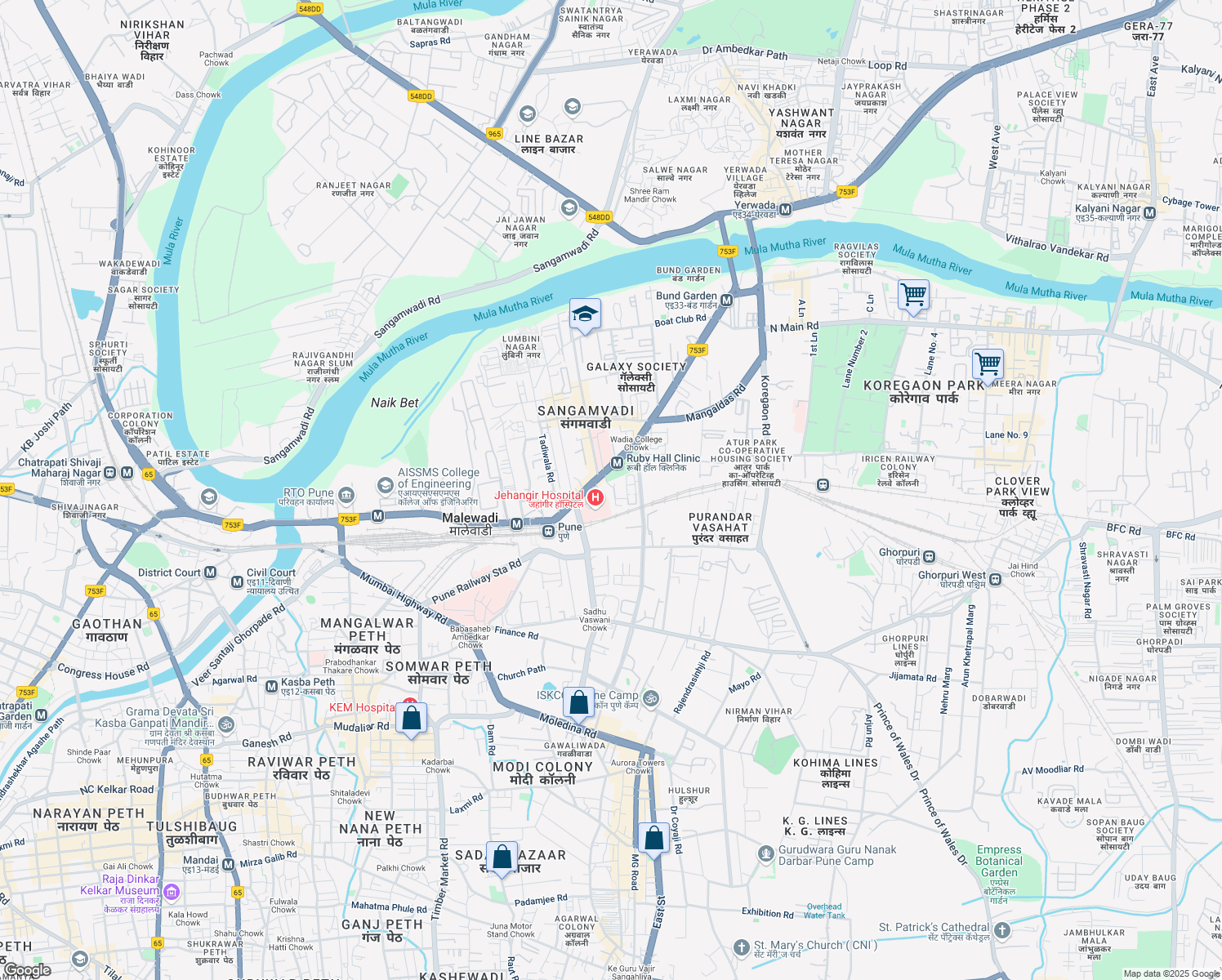 map of restaurants, bars, coffee shops, grocery stores, and more near 19 Bund Garden Road in Pune