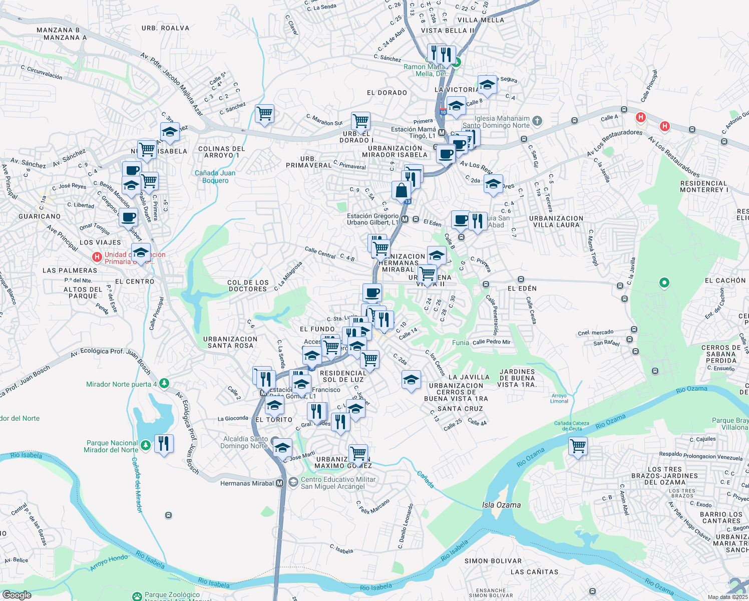 map of restaurants, bars, coffee shops, grocery stores, and more near Avenida Hermanas Mirabal in Santo Domingo Norte