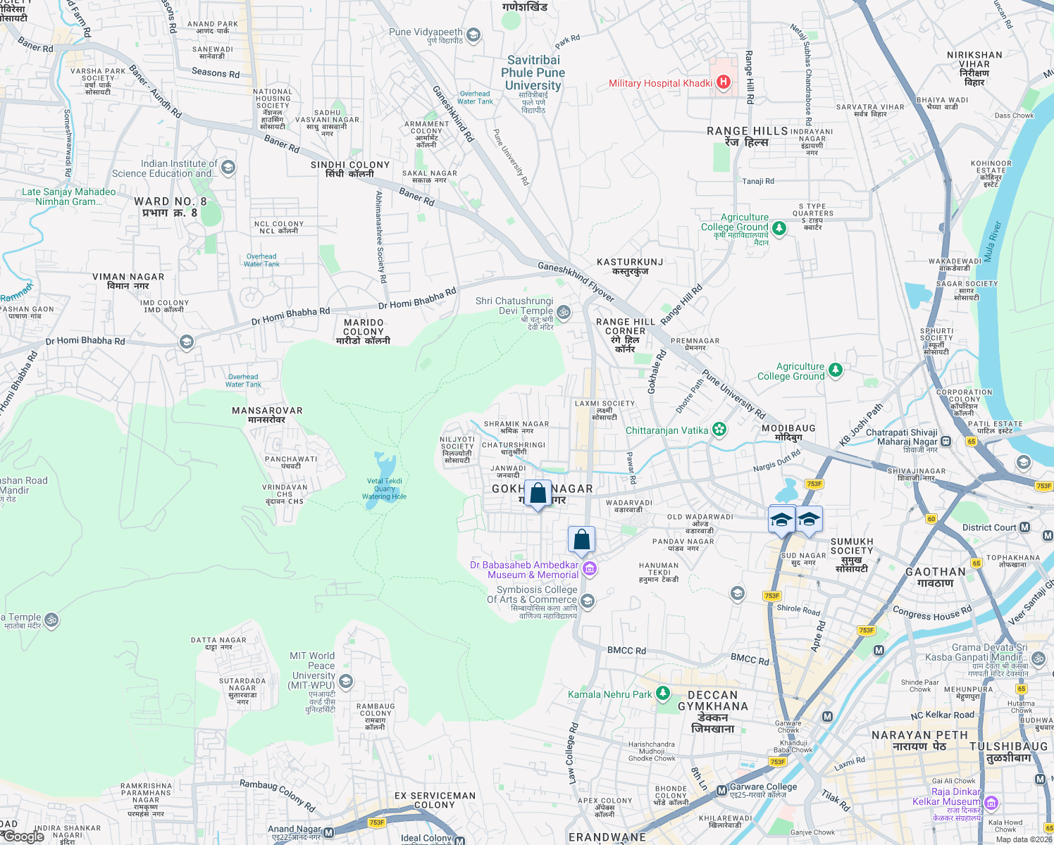 map of restaurants, bars, coffee shops, grocery stores, and more near Senapati Bapat Road in Pune