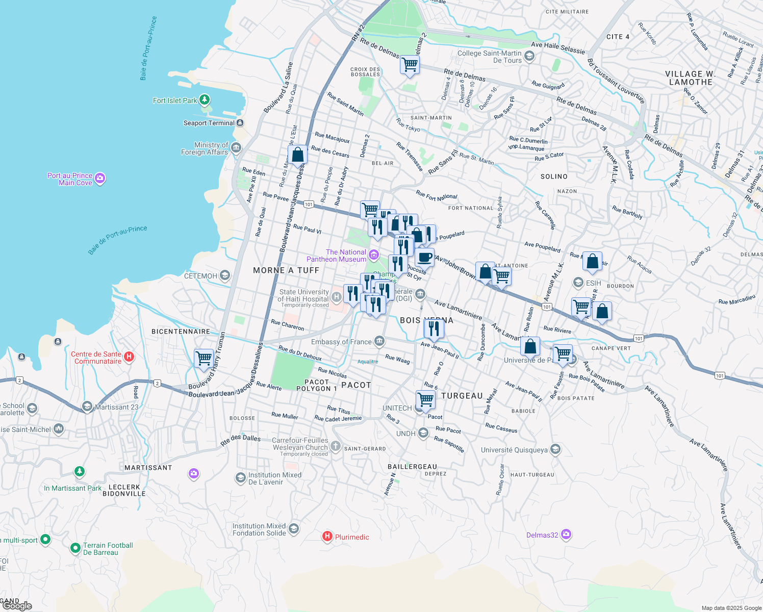 map of restaurants, bars, coffee shops, grocery stores, and more near in Port-au-Prince