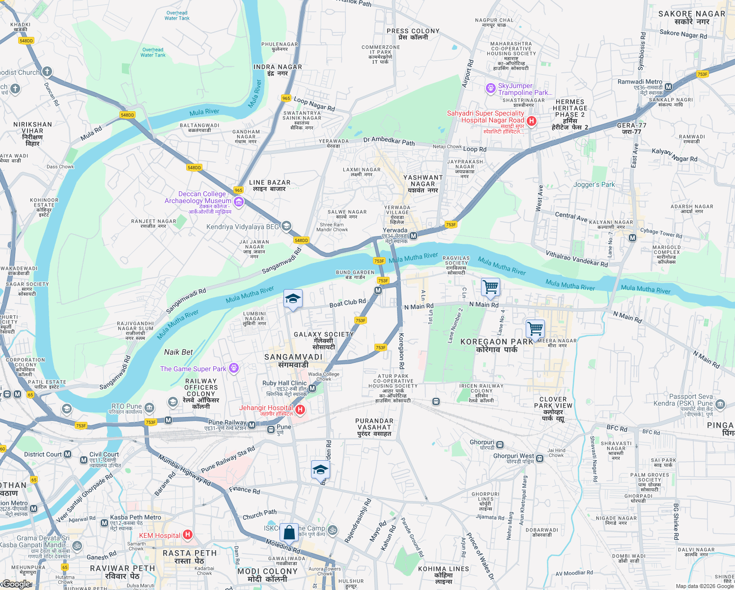 map of restaurants, bars, coffee shops, grocery stores, and more near Boat Club Road in Pune