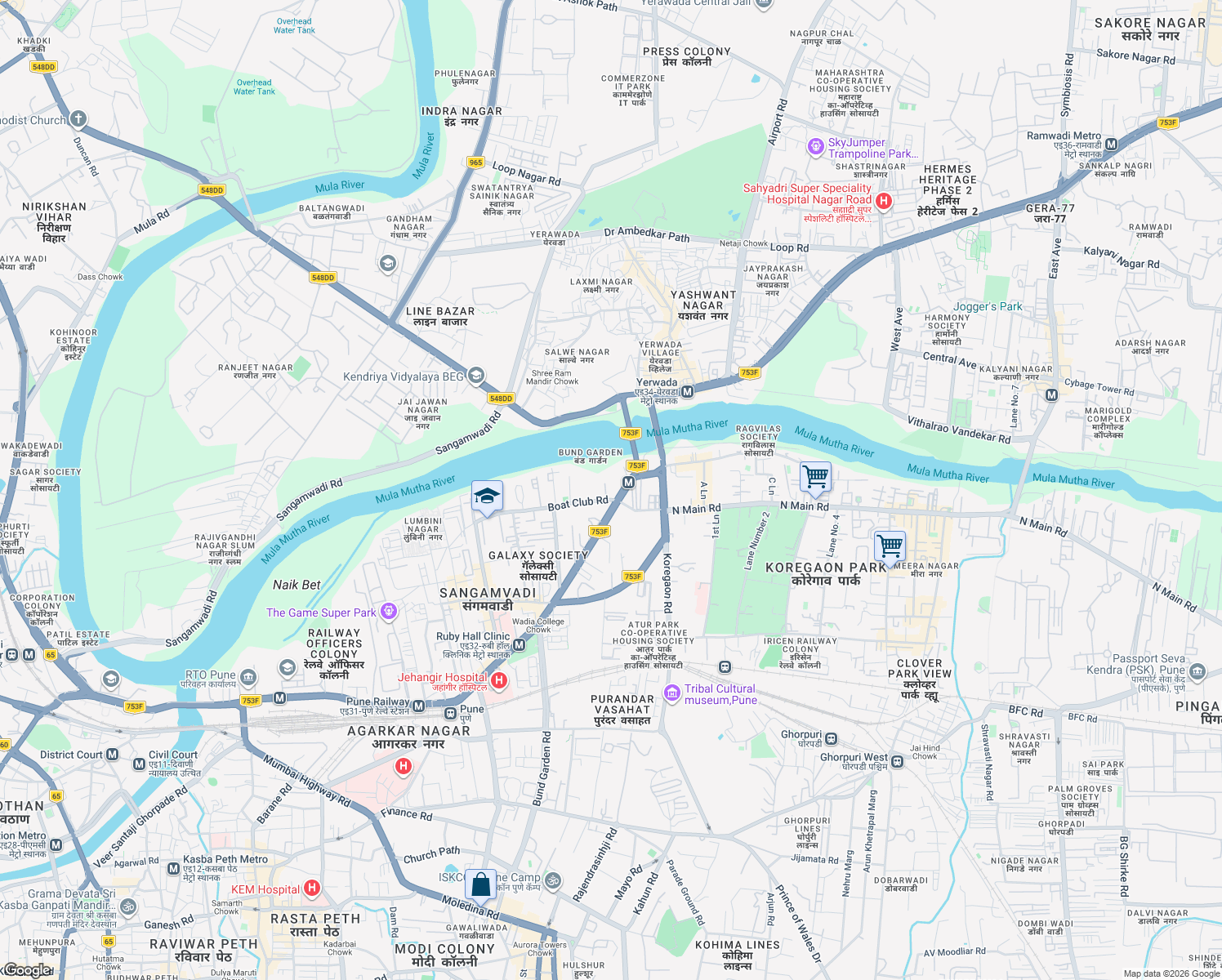 map of restaurants, bars, coffee shops, grocery stores, and more near Boat Club Road in Pune
