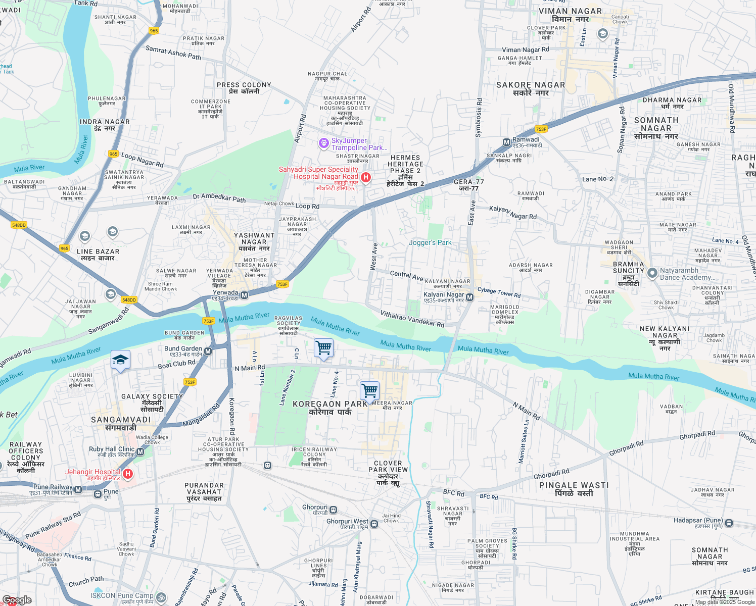 map of restaurants, bars, coffee shops, grocery stores, and more near 25a West Avenue in Pune