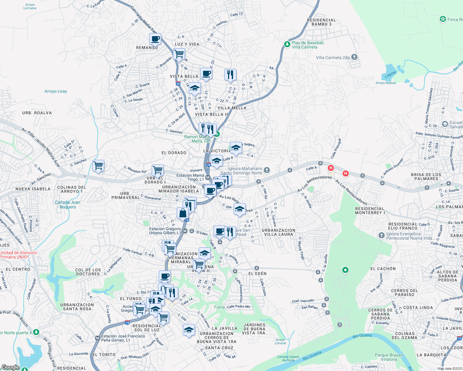 map of restaurants, bars, coffee shops, grocery stores, and more near Avenida Konrad Adenauer in Santo Domingo