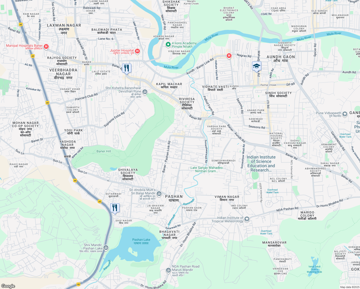 map of restaurants, bars, coffee shops, grocery stores, and more near Baner - Pashan Link Road in Pune