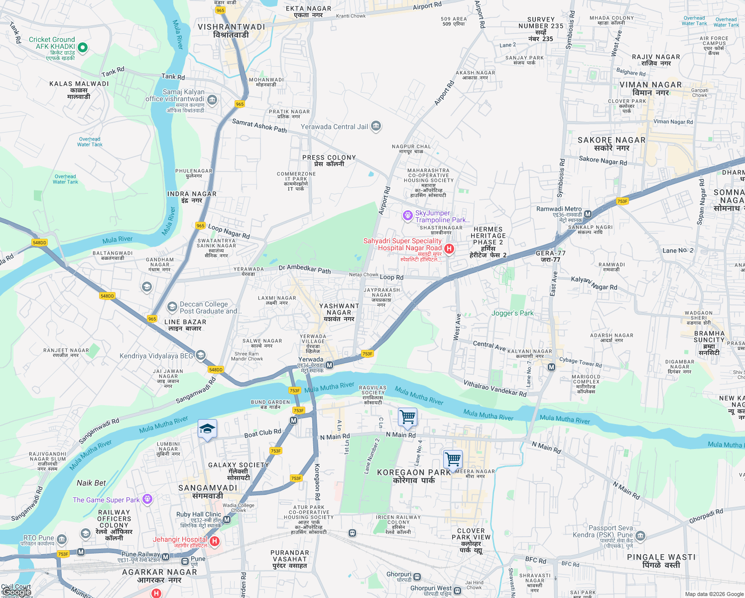 map of restaurants, bars, coffee shops, grocery stores, and more near Off Airport Road in Pune