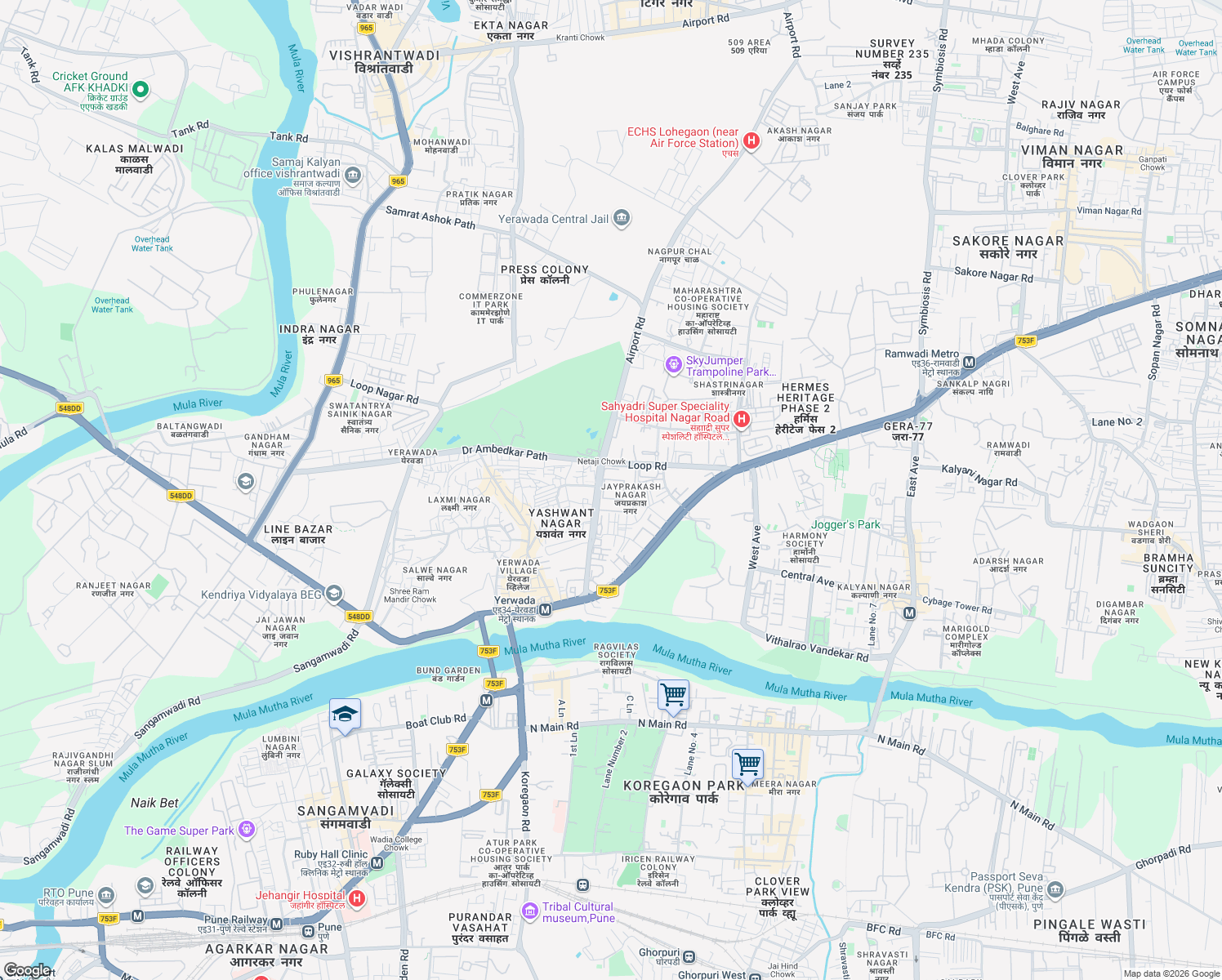 map of restaurants, bars, coffee shops, grocery stores, and more near Off Airport Road in Pune