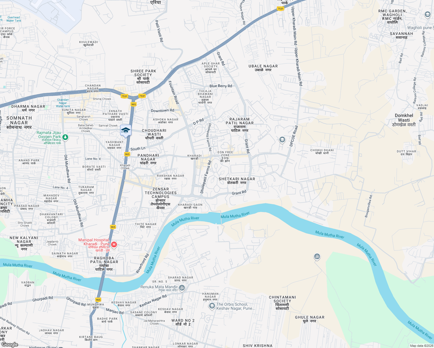 map of restaurants, bars, coffee shops, grocery stores, and more near Dholepatil Farms Road in Pune
