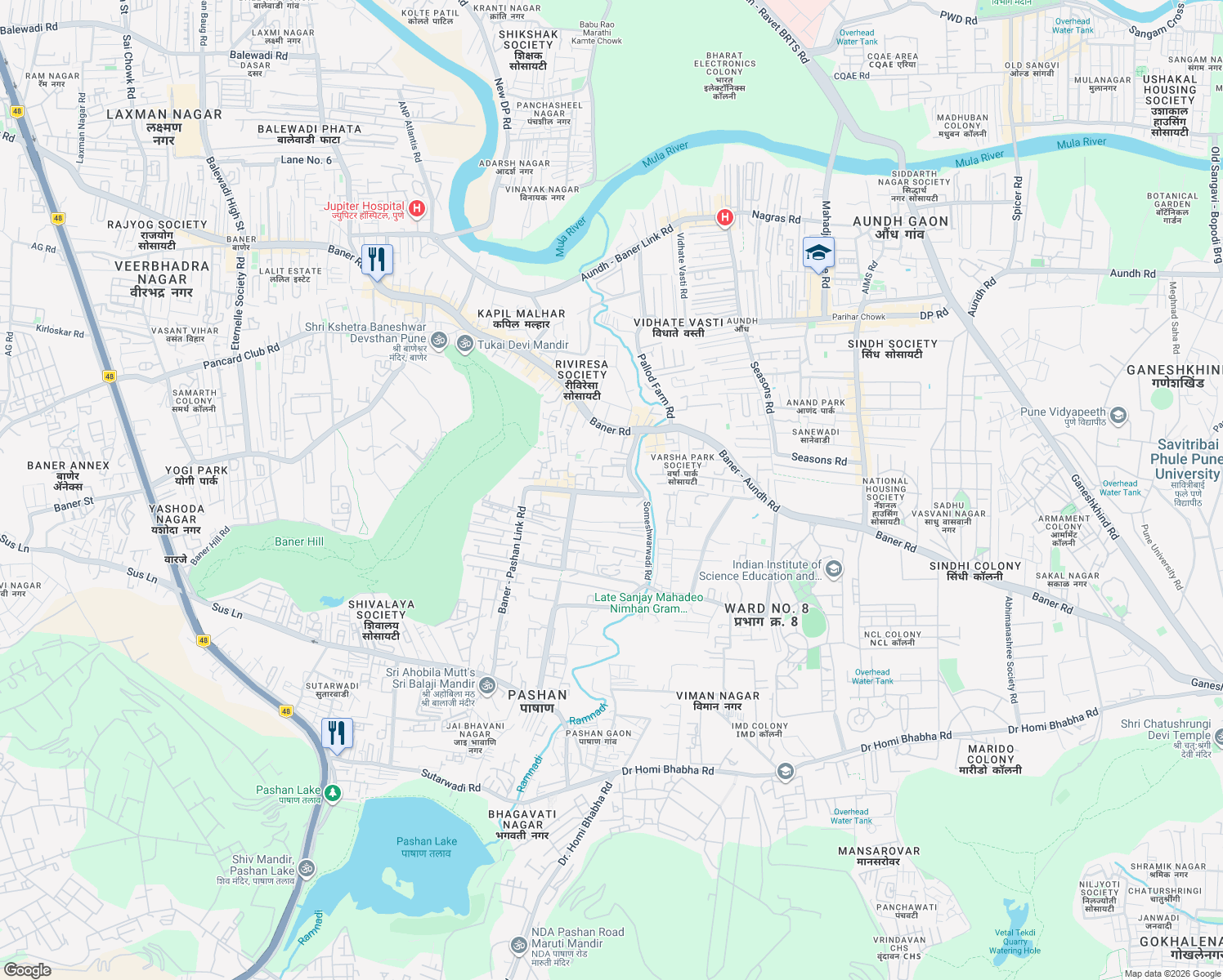 map of restaurants, bars, coffee shops, grocery stores, and more near Baner - Pashan Link Road in Pune