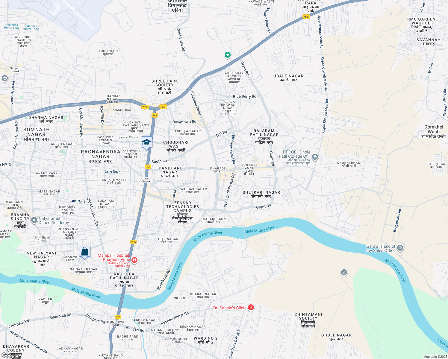 map of restaurants, bars, coffee shops, grocery stores, and more near Dholepatil Farms Road in Pune