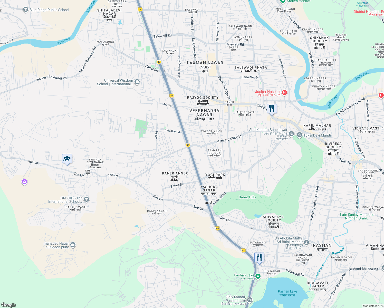 map of restaurants, bars, coffee shops, grocery stores, and more near Pashan Highway Side Road in Pune