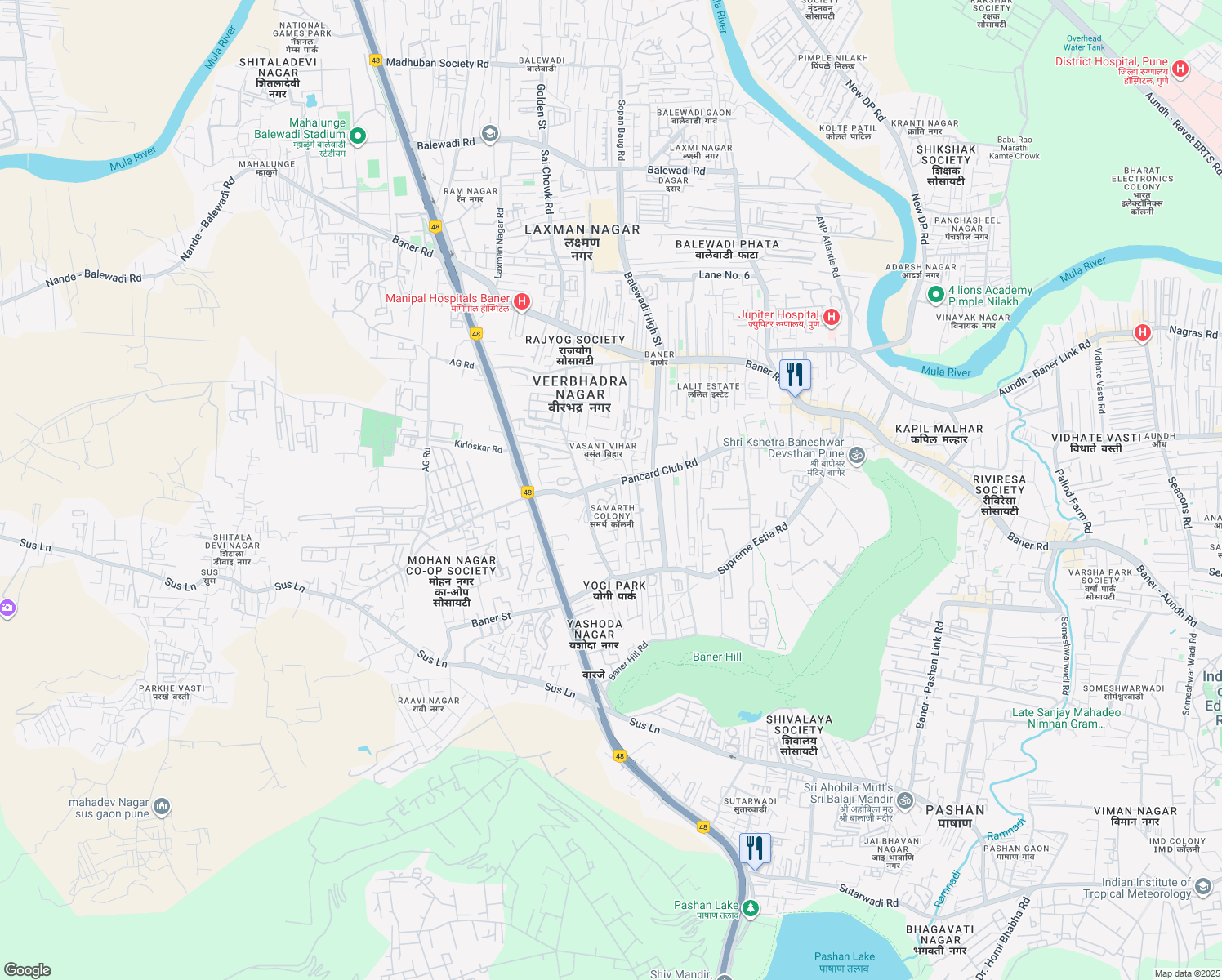 map of restaurants, bars, coffee shops, grocery stores, and more near Sutarwadi Baner Gaon Road in Pune