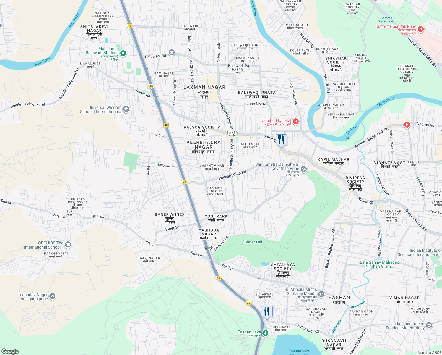 map of restaurants, bars, coffee shops, grocery stores, and more near Sutarwadi Baner Gaon Road in Pune