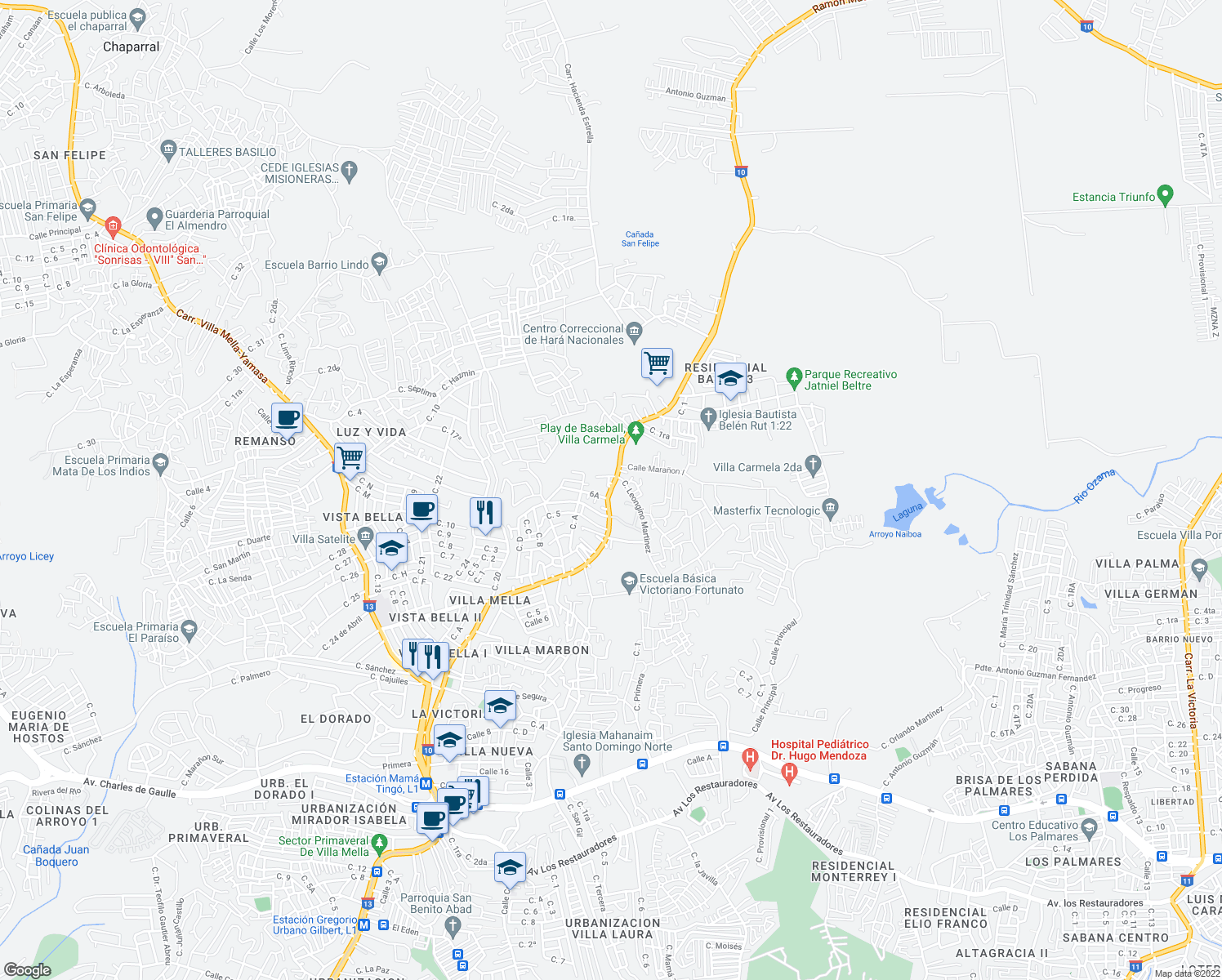 map of restaurants, bars, coffee shops, grocery stores, and more near Ramon Matias Mella in Santo Domingo Norte